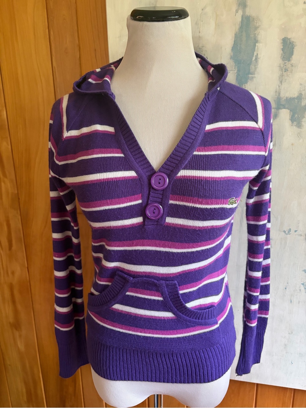 Lacoste Purple, White & Pink Striped V-Neck Hooded Sweater Shirt. Sz 6 (XL) ?
